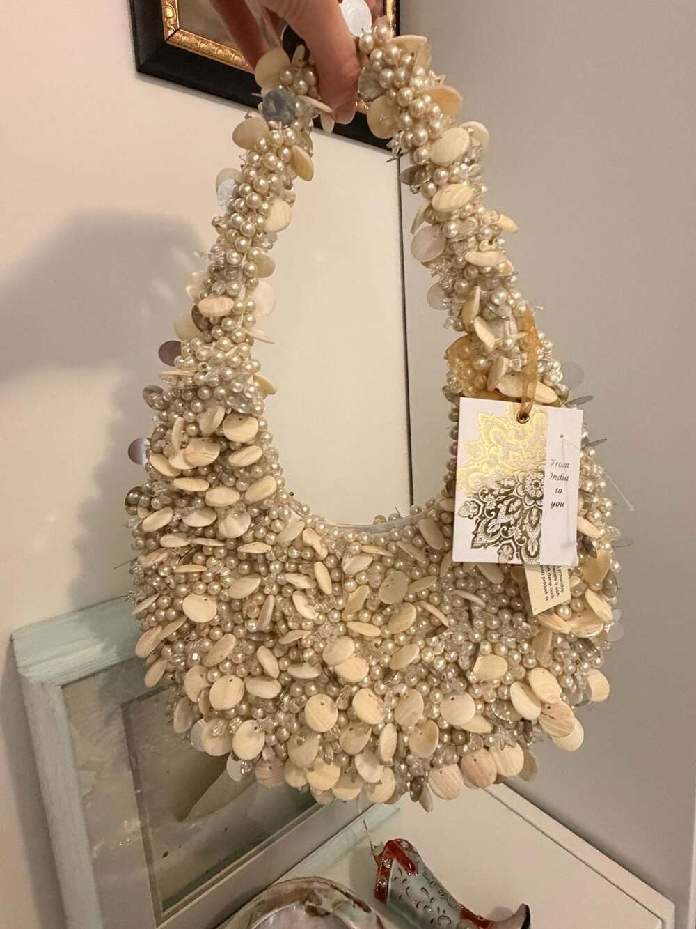 Pretty Coastal Mermaidcore Pearl & Seashell Beaded Hobo Shoulder Bag